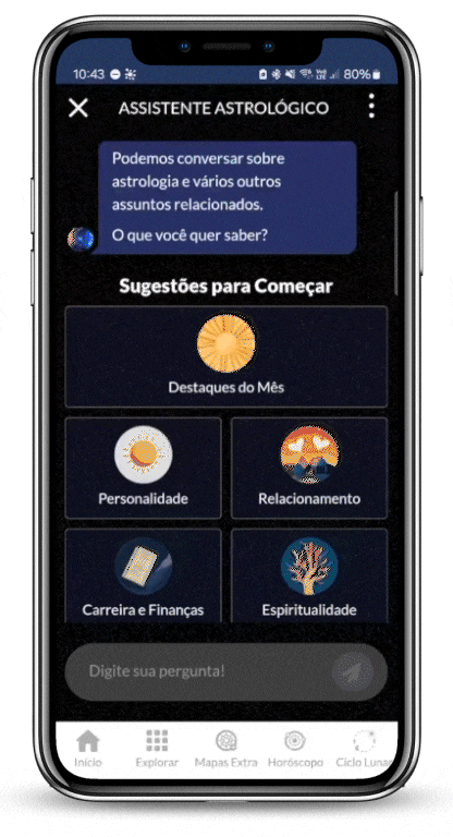 GIF animado representando como acessar e usar o Orbia. Primeiro acesse o menu no aplicativo, selecione o Assistente Astrologico na caixa de texto digite sua duvida e clique em enviar