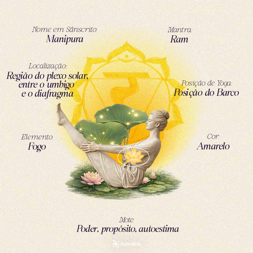 Infográfico do chakra plexo solar Manipura com sua cor, elemento, posição no corpo, mantra e principais significados energéticos.