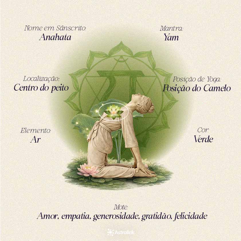 Infográfico do chakra cardíaco Anahata com sua cor, elemento, posição no corpo, mantra e principais significados energéticos.