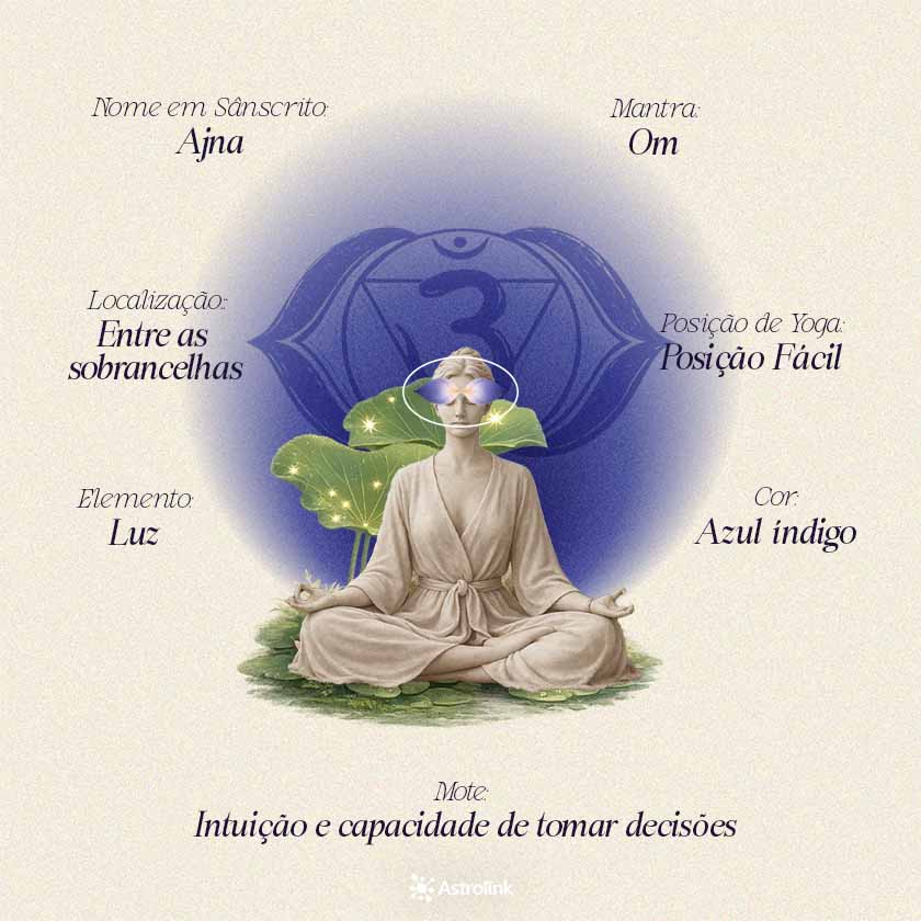 Infográfico do chakra frontal Ajna com sua cor, elemento, posição no corpo, mantra e principais significados energéticos.